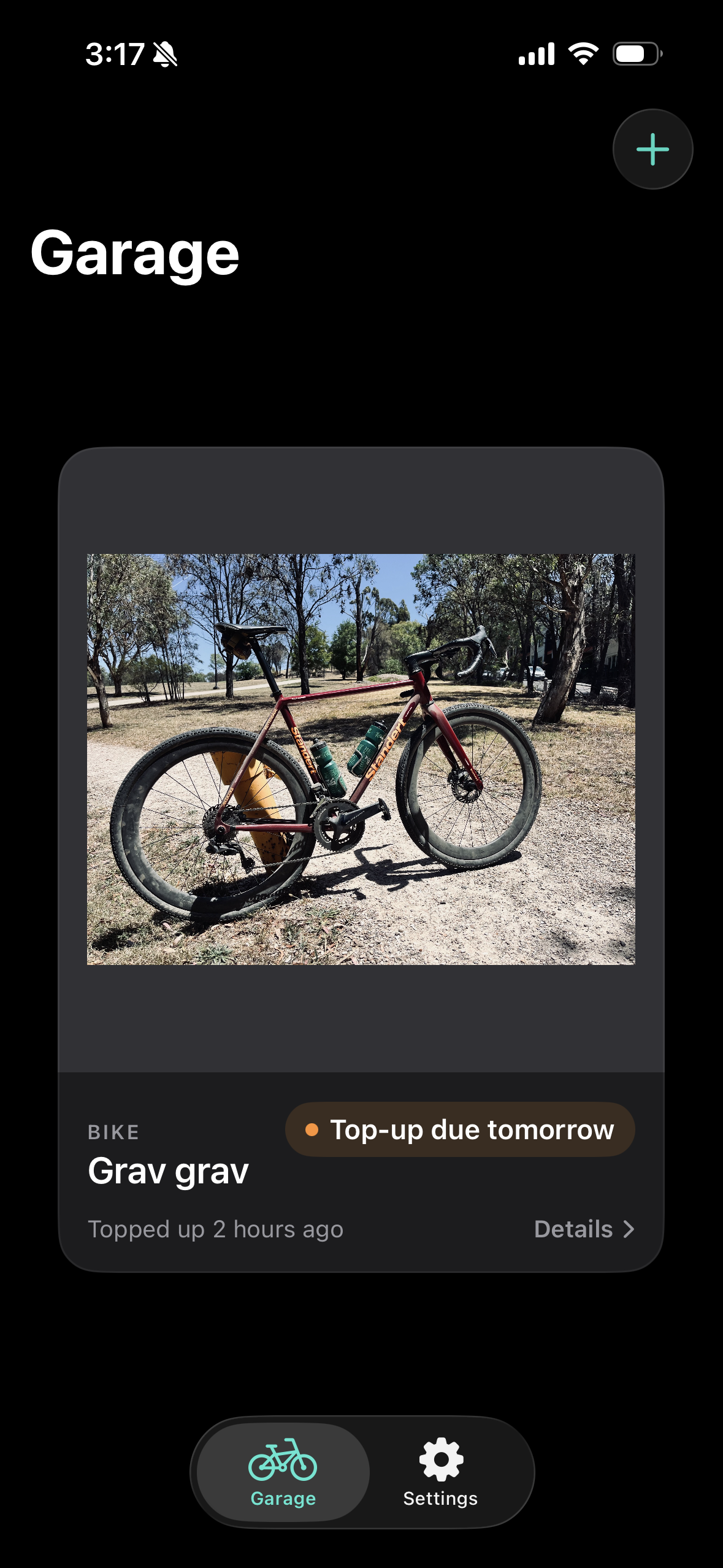 Sealr garage screen showing a bike with a top-up due tomorrow