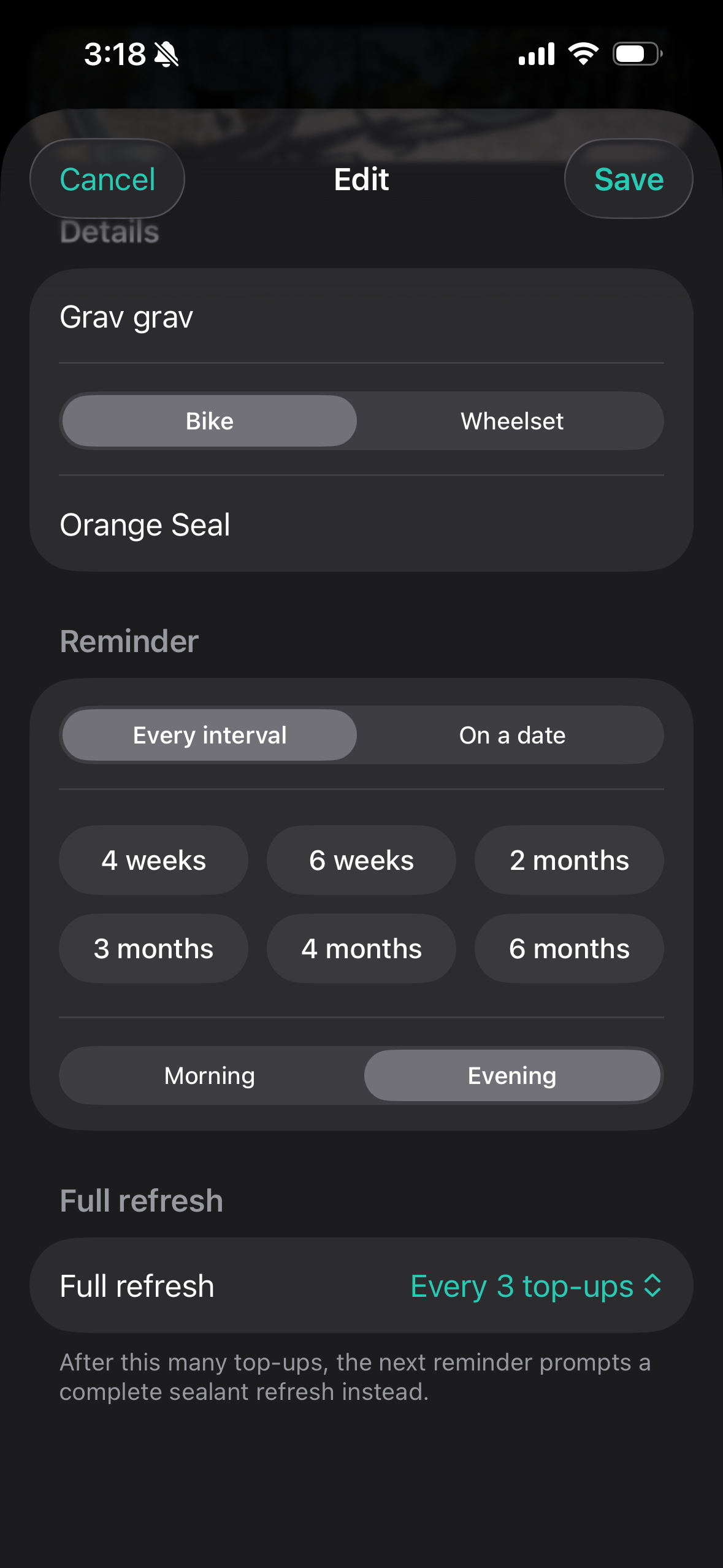 Sealr setup screen with interval, sealant and refresh cadence